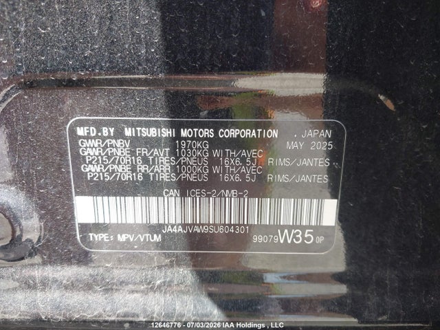 Aukcja sprzedaży 2025 Mitsubishi Rvr Gt/noir/se/sel, vin: JA4AJVAW9SU604301, numer aukcji: 12646776