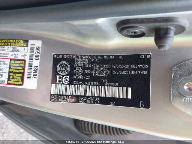 Aukcja sprzedaży 2018 Toyota Sequoia Limited 5.7l V8, vin: 5TDJY5G1XJS161544, numer aukcji: 12646781