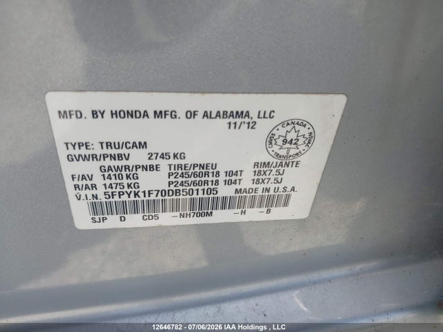 Продаж на аукціоні авто 2013 Honda Ridgeline Sport, vin: 5FPYK1F70DB501105, номер лоту: 12646782
