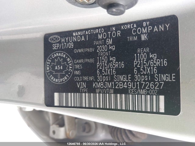 12646785 :رقم المزاد ، KM8JM12B49U172627 vin ، 2009 Hyundai Tucson مزاد بيع