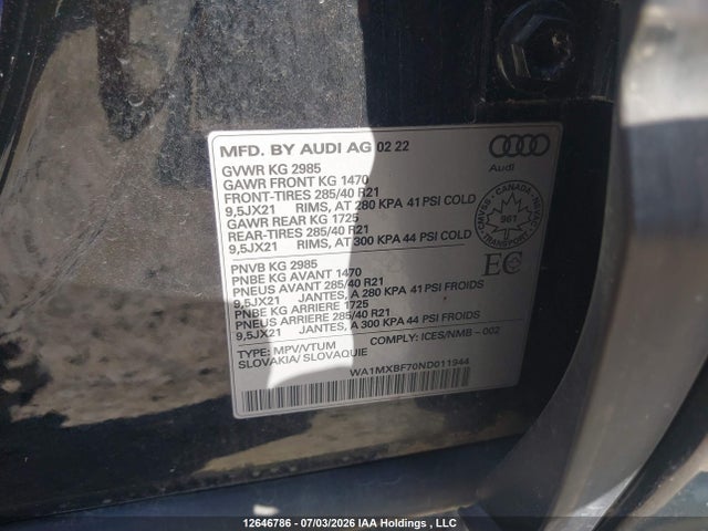 Продаж на аукціоні авто 2022 Audi Q7 Progressiv, vin: WA1MXBF70ND011944, номер лоту: 12646786