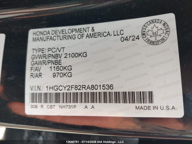 1HGCY2F82RA801536 Honda Accord Hybrid Touring