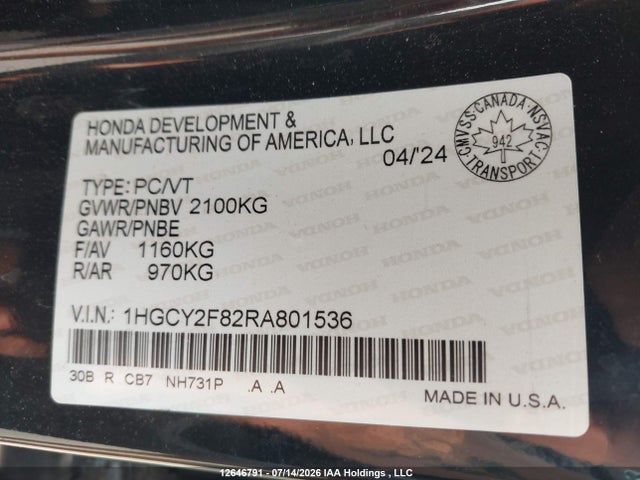 1HGCY2F82RA801536 Honda Accord Hybrid Touring