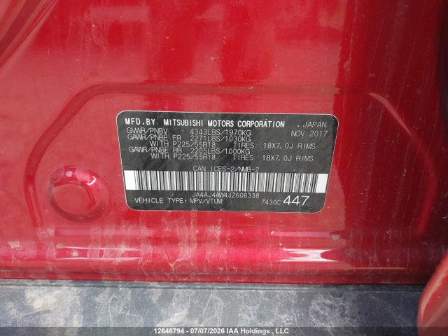 Auction sale of the 2018 Mitsubishi Rvr Se Limited/gt, vin: JA4AJ4AW4JZ606338, lot number: 12646794