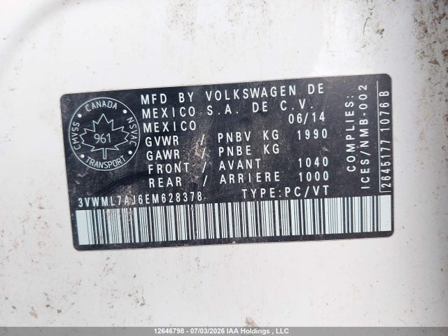 Продаж на аукціоні авто 2014 Volkswagen Jetta Tdi, vin: 3VWML7AJ6EM628378, номер лоту: 12646798