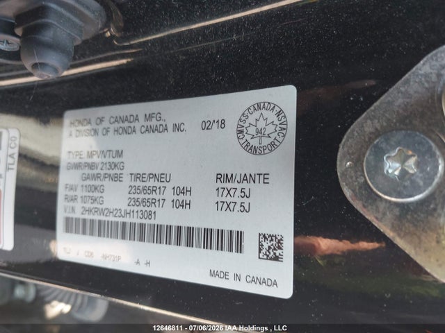 2018 Honda Cr-v Lx მანქანა იყიდება აუქციონზე, vin: 2HKRW2H23JH113081, აუქციონის ნომერი: 12646811