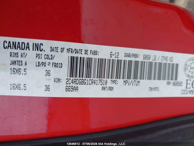 2012 Dodge Grand Caravan მანქანა იყიდება აუქციონზე, vin: 2C4RDGBG1CR417510, აუქციონის ნომერი: 12646812