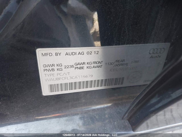 12646813 :رقم المزاد ، WAUBFCFL3CA115679 vin ، 2012 Audi A4 Premium مزاد بيع