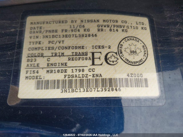 Продаж на аукціоні авто 2007 Nissan Versa 1.8sl, vin: 3N1BC13E07L392846, номер лоту: 12646822