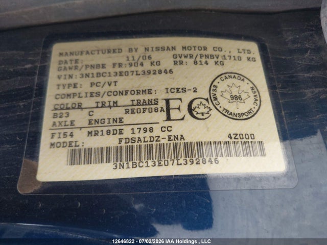 Продаж на аукціоні авто 2007 Nissan Versa 1.8sl, vin: 3N1BC13E07L392846, номер лоту: 12646822