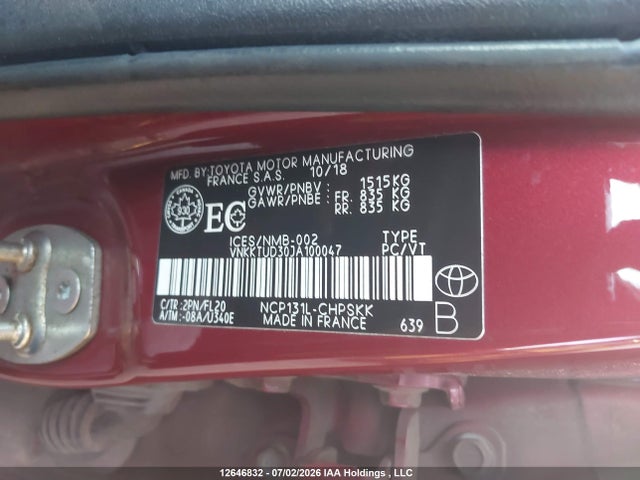 Aukcja sprzedaży 2018 Toyota Yaris Se, vin: VNKKTUD30JA100047, numer aukcji: 12646832