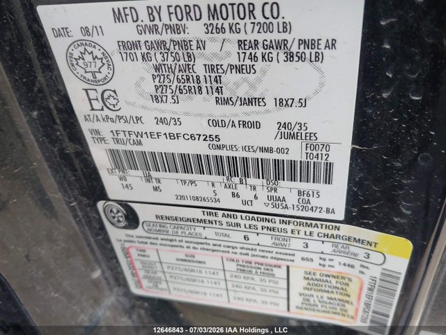 12646843 :رقم المزاد ، 1FTFW1EF1BFC67255 vin ، 2011 Ford F-150 Xlt مزاد بيع
