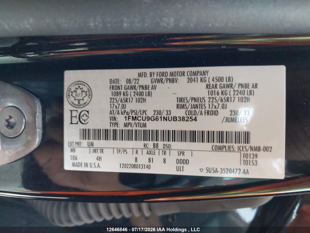 Ford ESCAPE SE 2022 1FMCU9G61NUB38254 Image 20