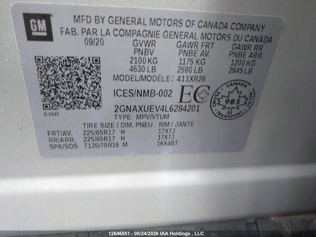12646851 :رقم المزاد ، 2GNAXUEV4L6284201 vin ، 2020 Chevrolet Equinox Lt مزاد بيع