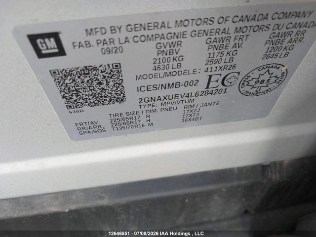 12646851 :رقم المزاد ، 2GNAXUEV4L6284201 vin ، 2020 Chevrolet Equinox Lt مزاد بيع