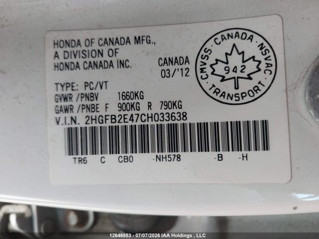 Продажа на аукционе авто 2012 Honda Civic Lx, vin: 2HGFB2E47CH033638, номер лота: 12646853
