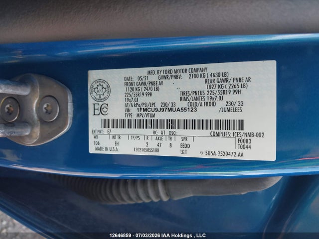 Продаж на аукціоні авто 2021 Ford Escape Titanium, vin: 1FMCU9J97MUA55123, номер лоту: 12646859