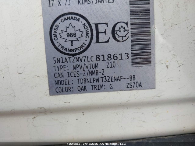 Продажа на аукционе авто 2020 Nissan Rogue S/sl/sv, vin: 5N1AT2MV7LC818613, номер лота: 12646862