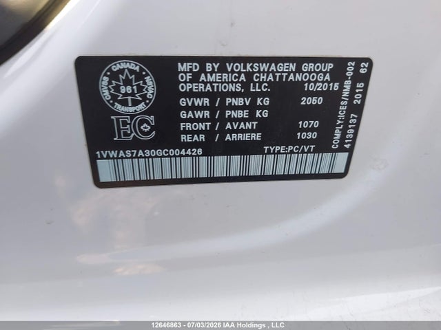Продаж на аукціоні авто 2016 Volkswagen Passat S/r-line, vin: 1VWAS7A30GC004426, номер лоту: 12646863