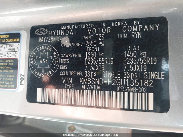 Aukcja sprzedaży 2016 Hyundai Santa Fe, vin: KM8SNDHF2GU135182, numer aukcji: 12646866