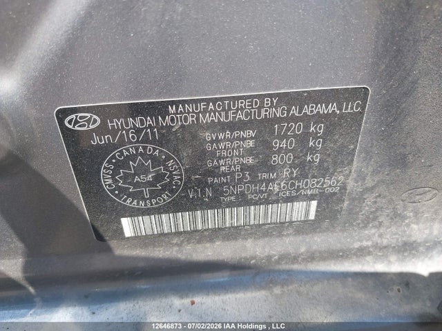 12646873 :رقم المزاد ، 5NPDH4AE6CH082562 vin ، 2012 Hyundai Elantra Gls/limited مزاد بيع