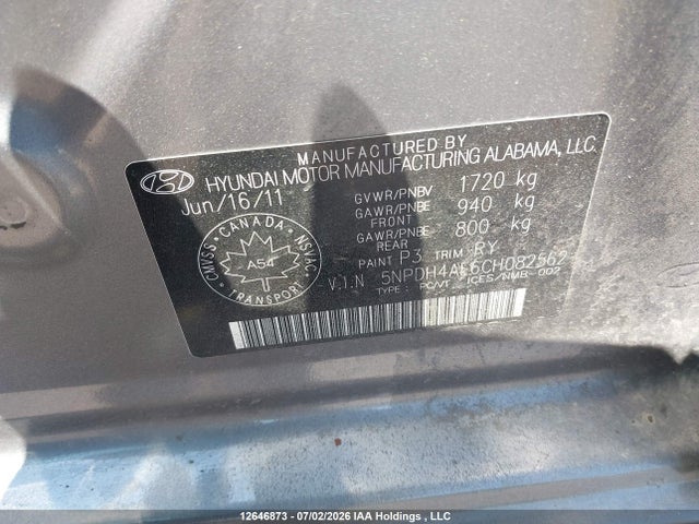 12646873 :رقم المزاد ، 5NPDH4AE6CH082562 vin ، 2012 Hyundai Elantra Gls/limited مزاد بيع