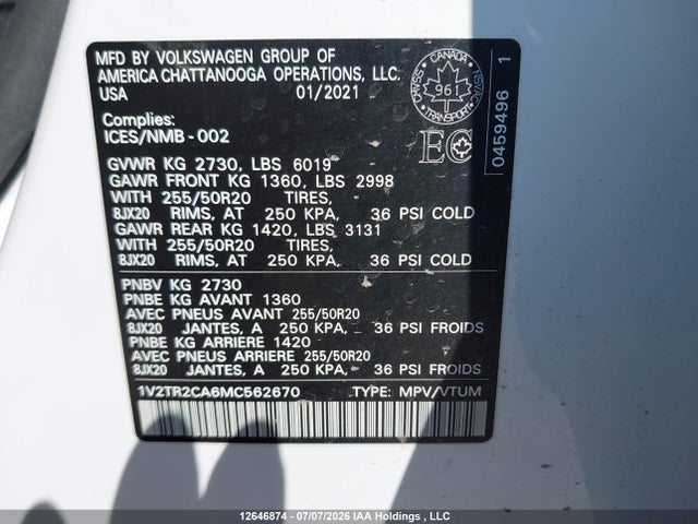 Продаж на аукціоні авто 2021 Volkswagen Atlas Sel Premium, vin: 1V2TR2CA6MC562670, номер лоту: 12646874