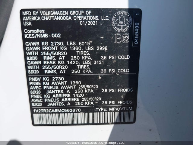 Продаж на аукціоні авто 2021 Volkswagen Atlas Sel Premium, vin: 1V2TR2CA6MC562670, номер лоту: 12646874