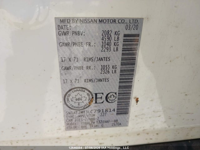 2020 Nissan Rogue მანქანა იყიდება აუქციონზე, vin: 5N1AT2MT3LC791814, აუქციონის ნომერი: 12646884
