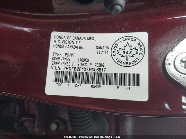 12646888 :رقم المزاد ، 2HGFB2F4XFH008817 vin ، 2015 Honda Civic Lx مزاد بيع