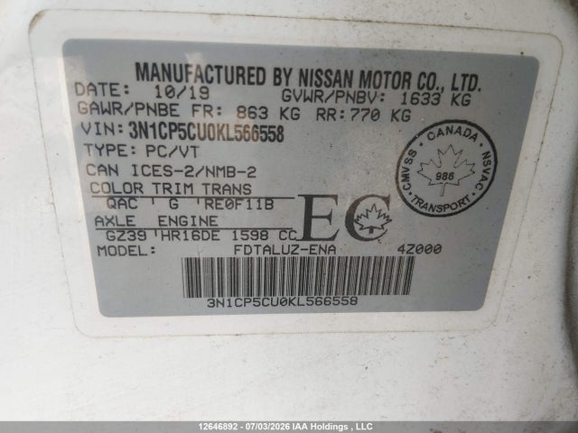 12646892 :رقم المزاد ، 3N1CP5CU0KL566558 vin ، 2019 Nissan Kicks S/sr/sv مزاد بيع