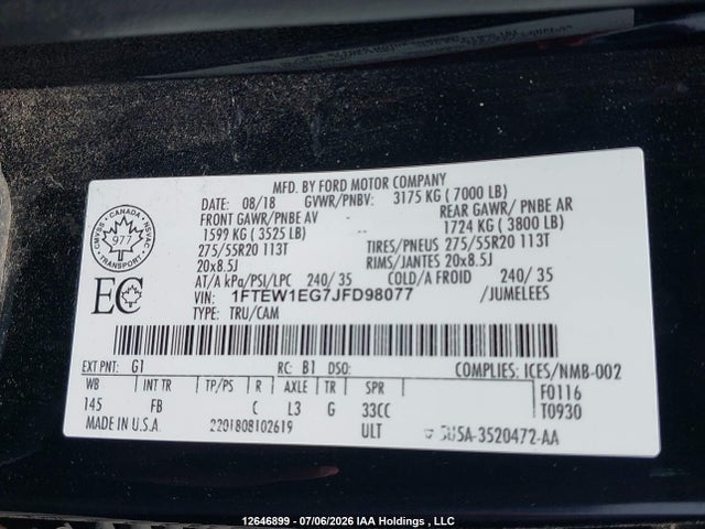 12646899 :رقم المزاد ، 1FTEW1EG7JFD98077 vin ، 2018 Ford F150 Supercrew مزاد بيع