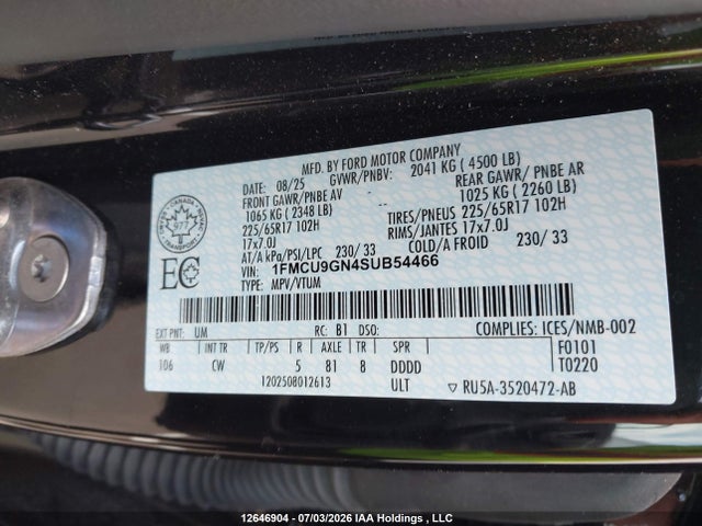 12646904 :رقم المزاد ، 1FMCU9GN4SUB54466 vin ، 2025 Ford Escape Active مزاد بيع
