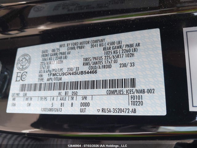 Продаж на аукціоні авто 2025 Ford Escape Active, vin: 1FMCU9GN4SUB54466, номер лоту: 12646904