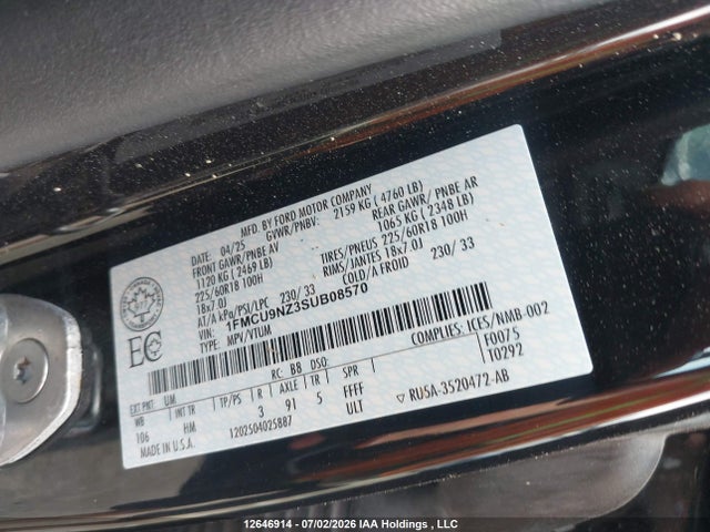 12646914 :رقم المزاد ، 1FMCU9NZ3SUB08570 vin ، 2025 Ford Escape St-line Select مزاد بيع