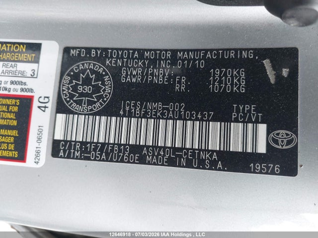 2010 Toyota Camry Se/le/xle მანქანა იყიდება აუქციონზე, vin: 4T1BF3EK3AU103437, აუქციონის ნომერი: 12646918
