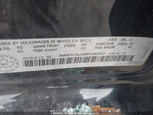 12646922 :رقم المزاد ، 3VWPX7AJXBM706223 vin ، 2011 Volkswagen Jetta S/se مزاد بيع