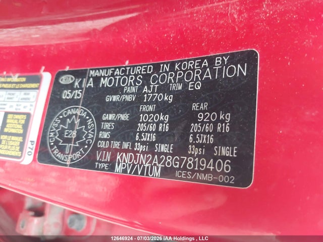 12646924 :رقم المزاد ، KNDJN2A28G7819406 vin ، 2016 Kia Soul Lx/lx+ مزاد بيع