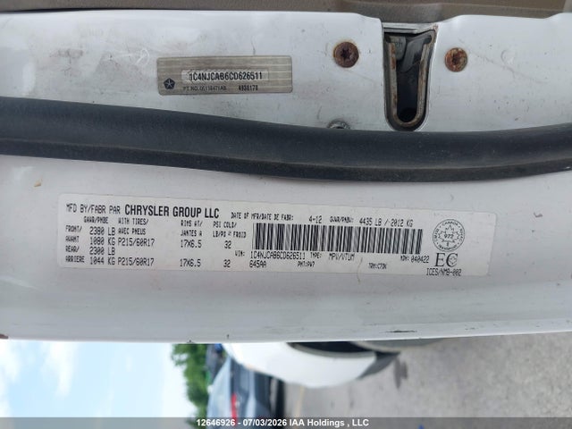 12646926 :رقم المزاد ، 1C4NJCAB6CD626511 vin ، 2012 Jeep Compass مزاد بيع