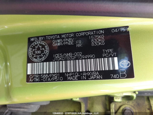 Продаж на аукціоні авто 2015 Toyota Prius C, vin: JTDKDTB32F1094990, номер лоту: 12646932