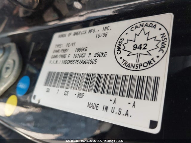 12646936 :رقم المزاد ، 1HGCM56767A804005 vin ، 2007 Honda Accord Ex مزاد بيع