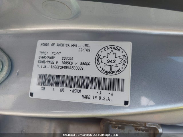 2010 Honda Accord Exl მანქანა იყიდება აუქციონზე, vin: 1HGCP2F89AA800889, აუქციონის ნომერი: 12646941