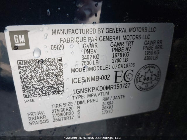 Продажа на аукционе авто 2021 Chevrolet Tahoe Z71, vin: 1GNSKPKD0MR150727, номер лота: 12646949