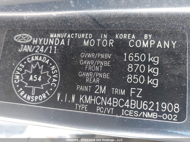 12646954 :رقم المزاد ، KMHCN4BC4BU621908 vin ، 2011 Hyundai Accent Gl مزاد بيع