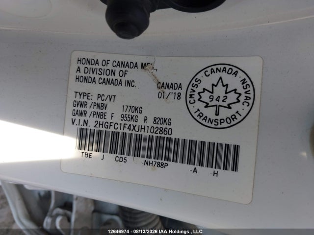 Продажа на аукционе авто 2018 Honda Civic Ex-t, vin: 2HGFC1F4XJH102860, номер лота: 12646974