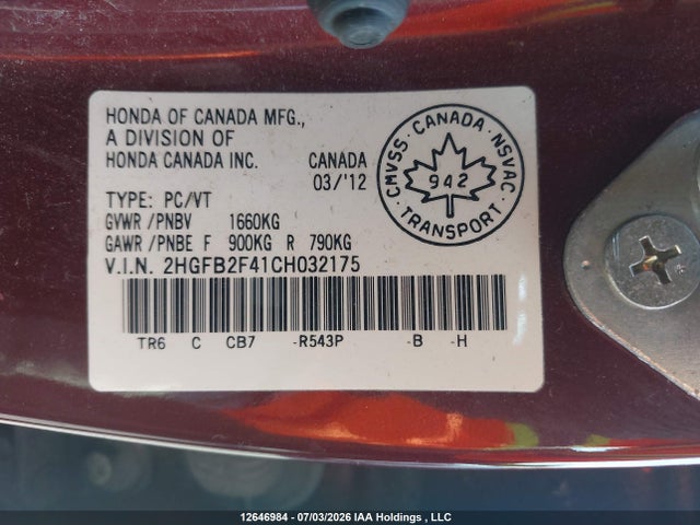 Aukcja sprzedaży 2012 Honda Civic Lx, vin: 2HGFB2F41CH032175, numer aukcji: 12646984