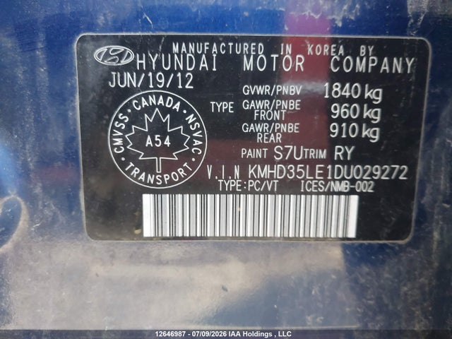 Продаж на аукціоні авто 2013 Hyundai Elantra Gt Se, vin: KMHD35LE1DU029272, номер лоту: 12646987