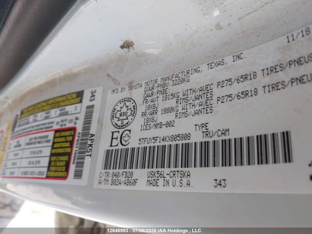 5TFUY5F14KX805808 Toyota Tundra Sr5 Plus 5.7l V8