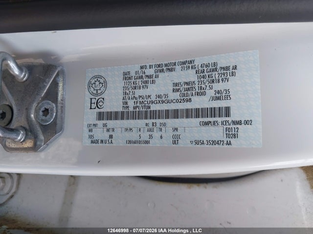 12646998 :رقم المزاد ، 1FMCU9GX9GUC02598 vin ، 2016 Ford Escape Se مزاد بيع