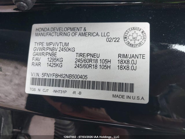 Продажа на аукционе авто 2022 Honda Passport Trail Sport, vin: 5FNYF8H62NB500405, номер лота: 12647002